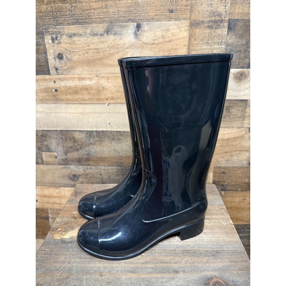 Jeffrey Campbell Womens Black Glossy‎ Tall Rain Boots Size 7 Round Toe Low Heel